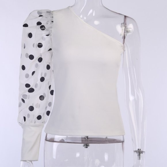One Shoulder Black & White Blouse with Black Polka Dots - Picture 3 of 8
